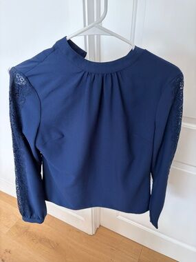Brooks Brothers Navy Lace-Sleeve Long Sleeve Blouse